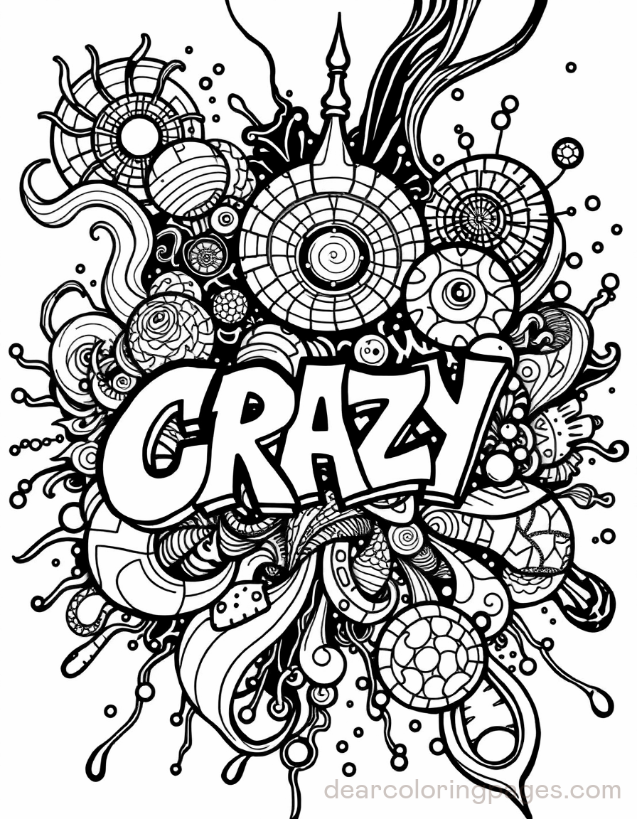 Graffiti Coloring Page - Trippy Graffiti Mural with Geometric Shapes Surrounding "CRAZY"